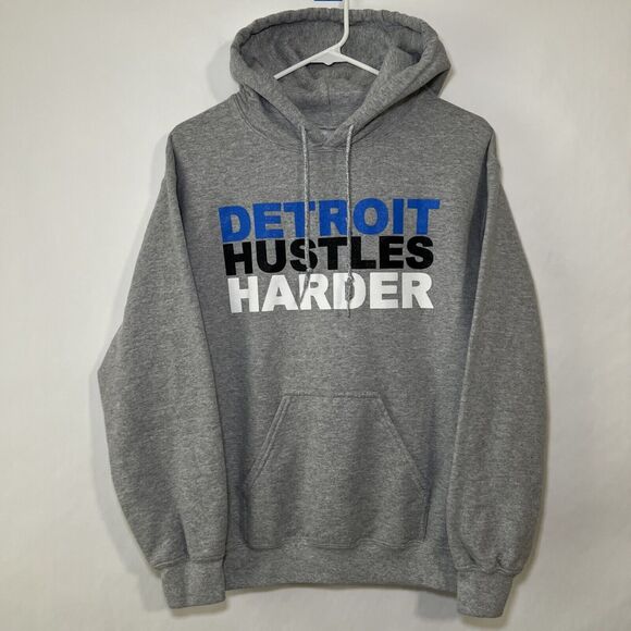 Detroit Hustles Harder Hoodie Sweatshirt Mens Size Small Gray Fleece Lined EUC - Picture 1 of 9